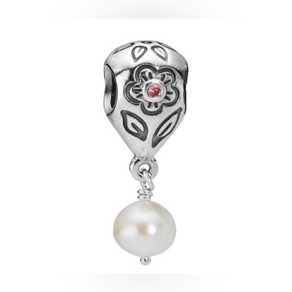 Authentic Pandora Retired Pink Flower Bloom Pearl Dangle S925 Ale Pink Zirconia